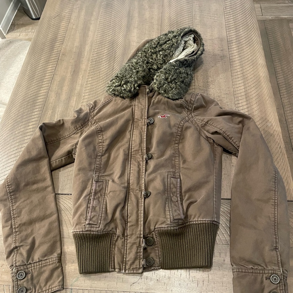 Hollister Vintage Y2K Brown Fur Lined Bomber Jacket